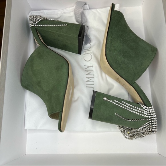 Jimmy Choo Baia 100 mm Crystal Detailed Cactus Suede Mule Sandal Heels - Picture 9 of 10